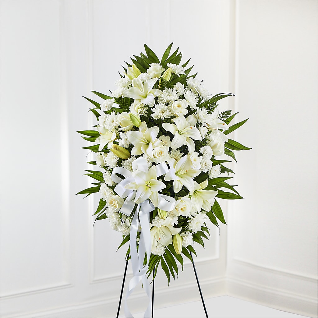 Exquisite Tribute Standing Spray-White Ribbon – Burns Florist, Hanceville AL