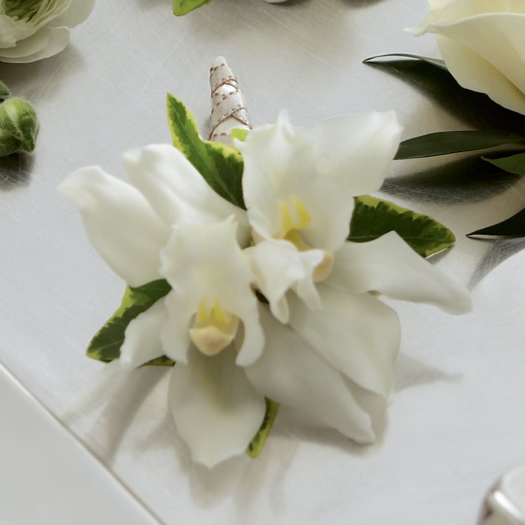 White Mini Cymbidium Boutonniere – Burns Florist, Hanceville AL